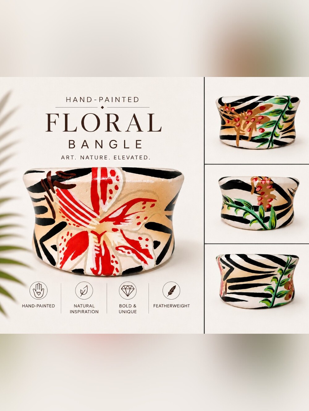 Hand Painted Tropical Floral Wooden Wide Cuff Bangle Bracelet Lightweight EUC